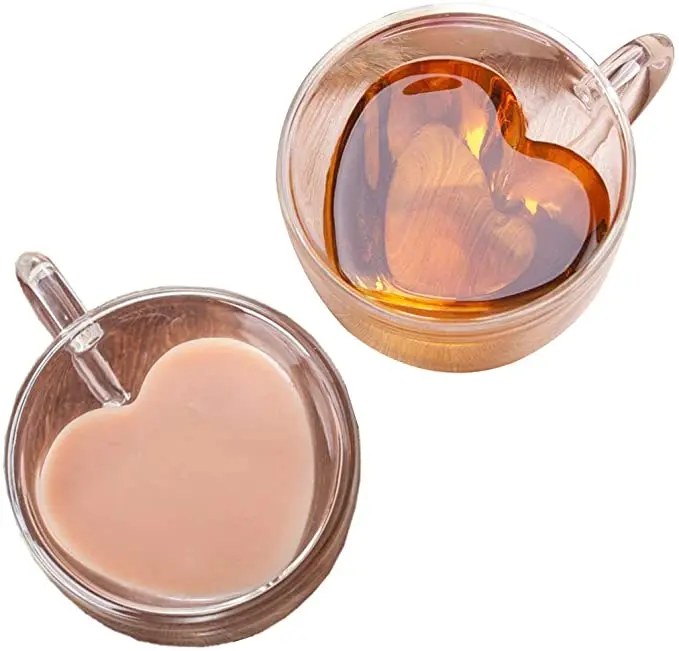 

High quality creative transparent heart shaped heat resistant glass couple cup