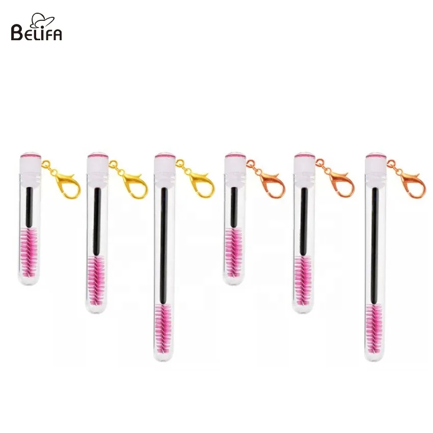 

Belifa custom logo mini eye lash eyelash spoolies cleaning brush in tube keyring mascara eyelash extension brush keychain
