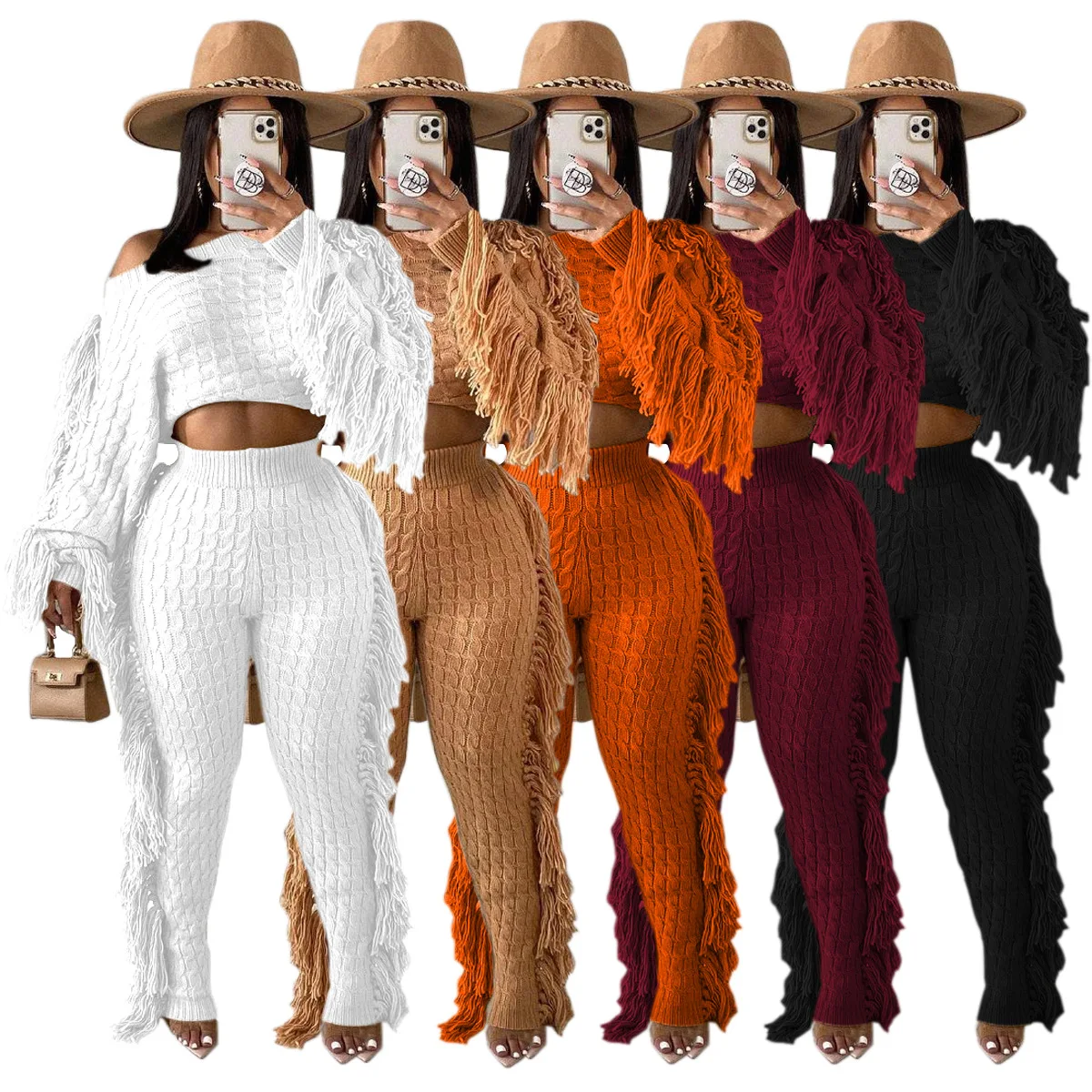

2021 Winter Streetwear Clothing Knitted Tassel Women Fringe Two Piece Ribbed Knit Sweater Pants Set 2 pcs Sets Outfits For Women, Black,white,orange,wine red,apricot