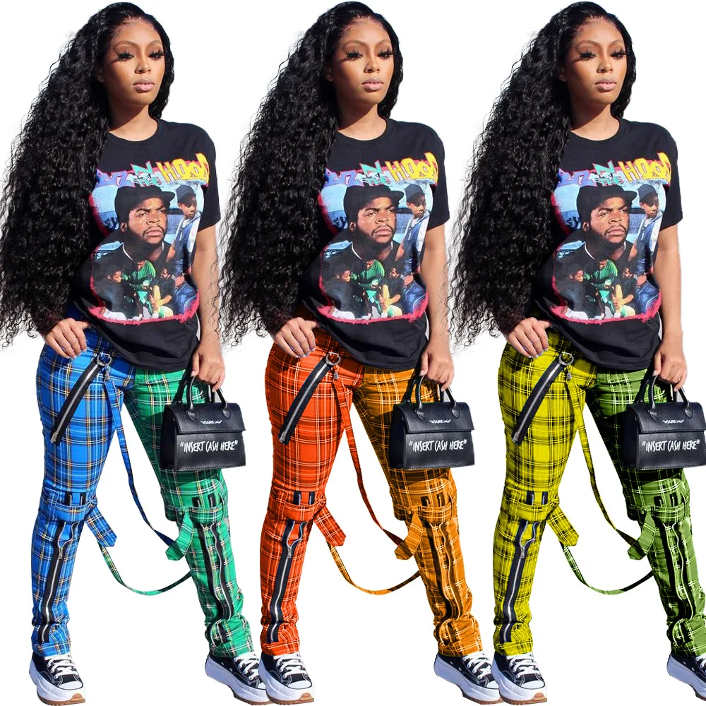 

BK168 new style women personalized Plaid zipper jogger pants with strings