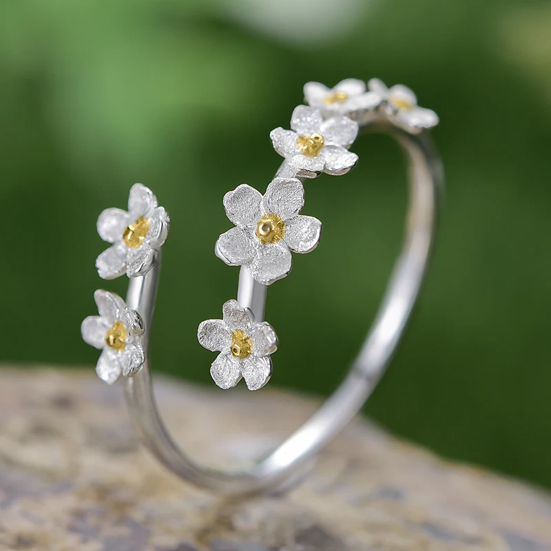 Fashion Fine Jewelry 925 Sterling Silver 18K Gold Plated Handmade Forget-me-not Flower Adjustable Rings For Women Engagement