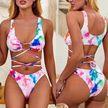 

2020 New Female Split bathing suit custom swimsuit colorful changing Bandage Swimwear custom Tie-Dye Printed Sexy Bikini, Picture