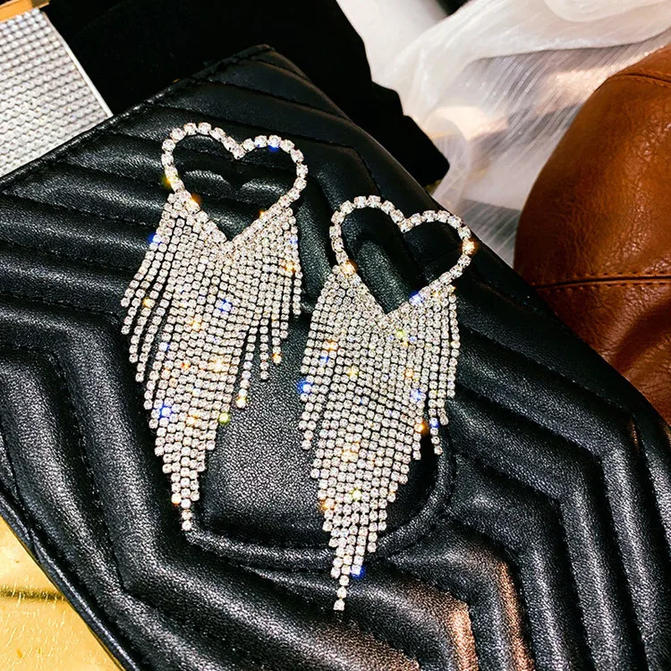 

Luxury shiny full rhinestones dangle statement earings women heart shape long tassel rhinestone earrings