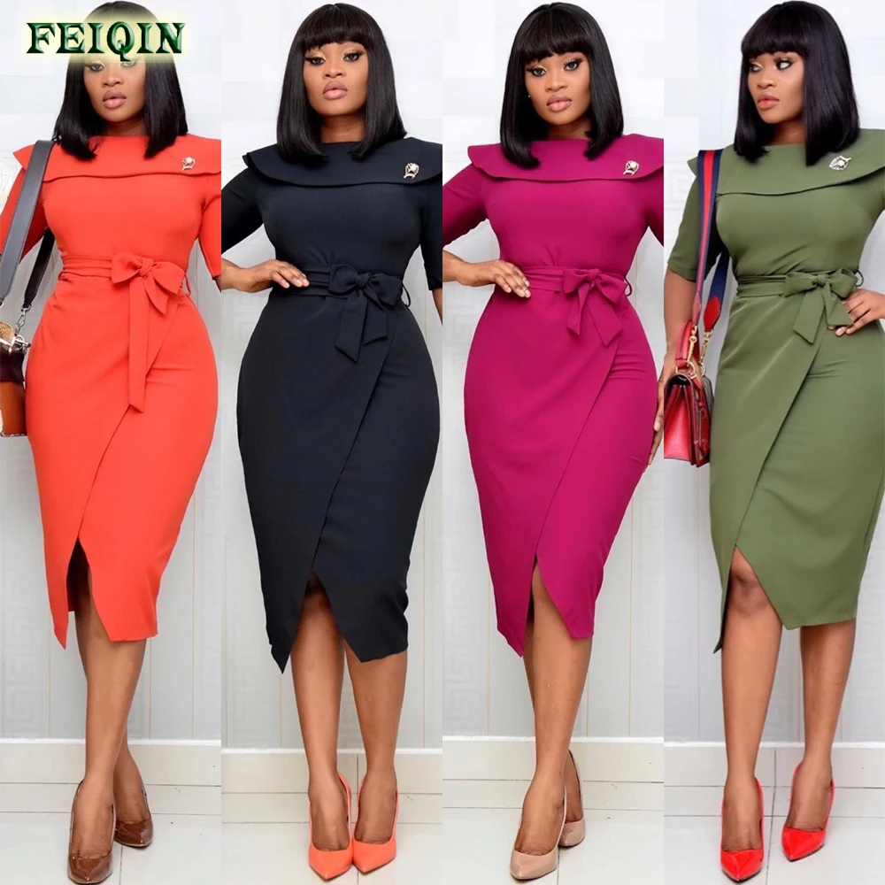 

2022 Women Modest Solid Peplum Slit Color Lace Up Bow Elegant Office Work Dress African Women Career Business Dress