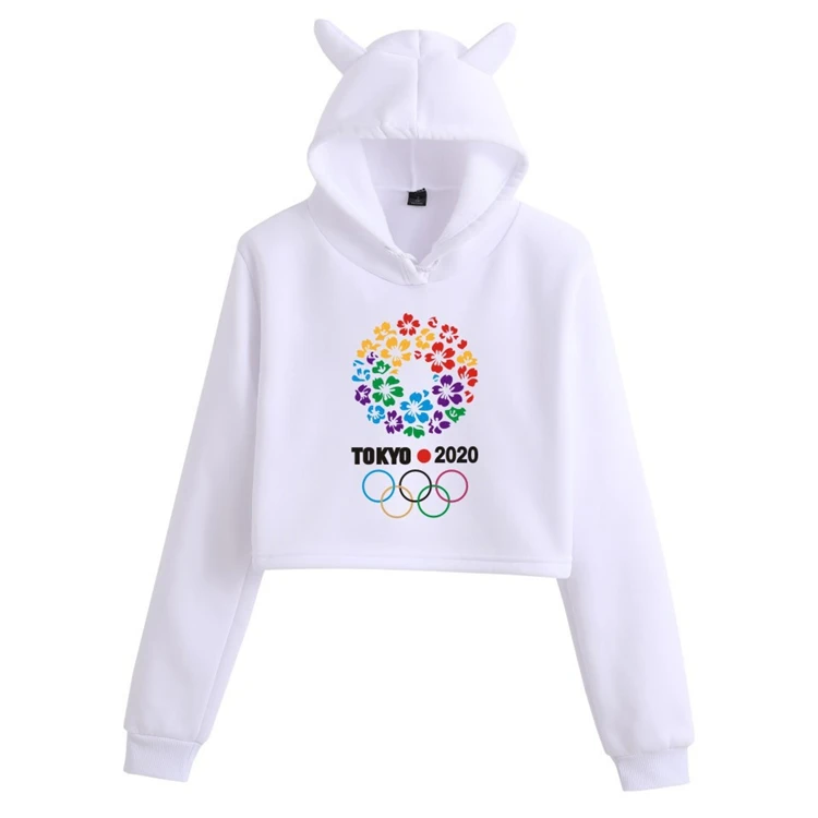 

2021 white pullover women's hoodies printed Olympics hooded cropped sweatshirt for women