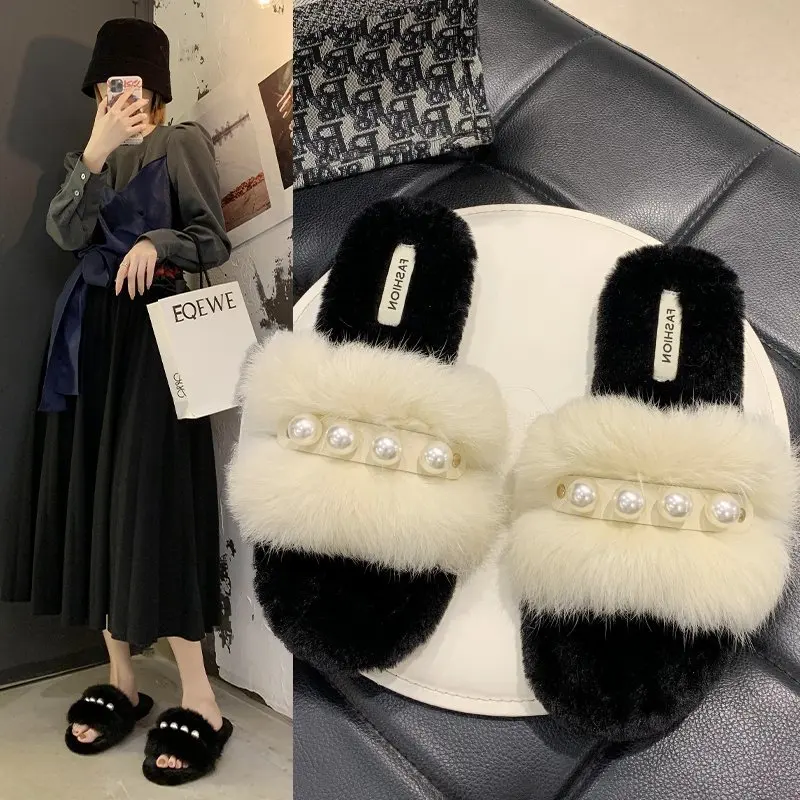 

Winter Home Slippers Shoes Ladies Soft Plush Furry Female Open Toe Slides Women Warm Faux Fur Slippers