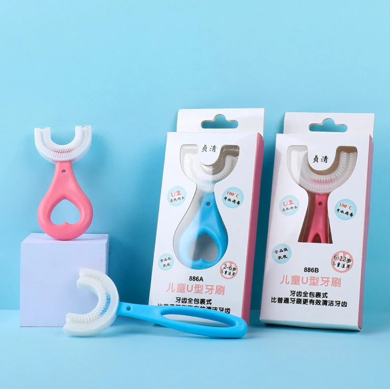

manual baby deciduous teeth kids toothbrush 360 degree food grade silicone baby toothbrush, Blue/pink