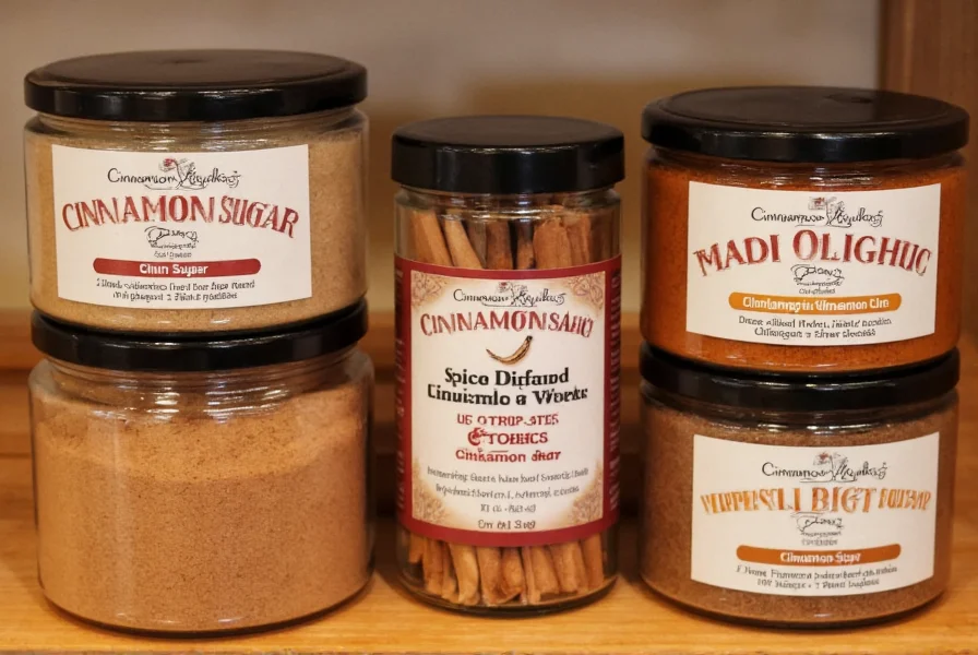 Close-up of cinnamon products at Cinnamon Works including glass jars of cinnamon sugar, whole cinnamon sticks, and spice blends