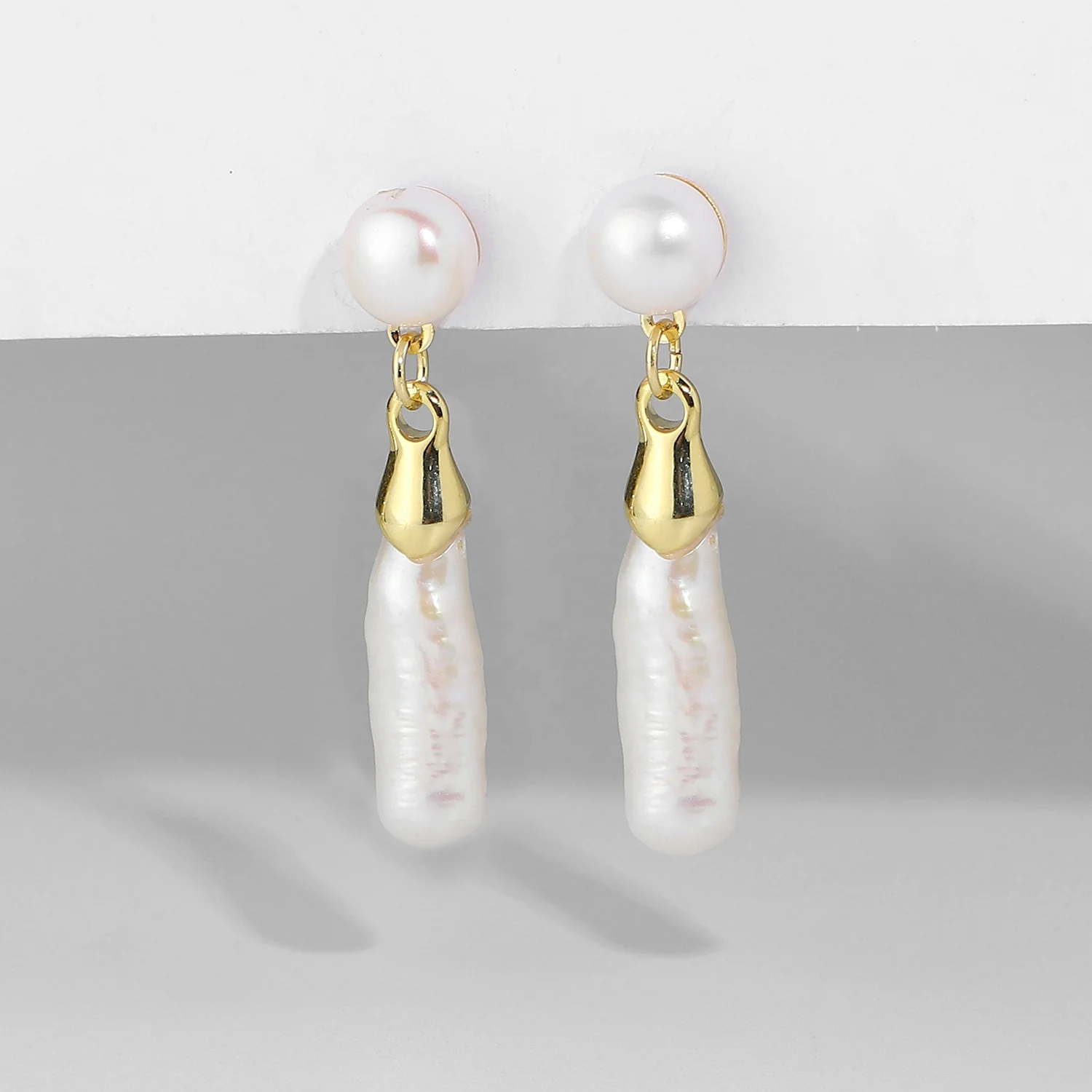 

Unique Big Long irregular Baroque Pearl Earrings 14K Gold Plated Brass Natural Freshwater Pearl Drop Earrings