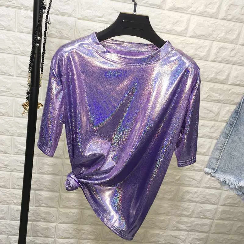 

Sexy club aesthetic women tshirt Shiny loose short sleeve t-shirt New summer retro style stylish bright silk woman tops