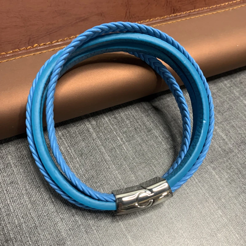 

2021 Man Blue Stainless Steel Leather Bangle Bracelet Fashion Sky Blue Multi Layer Women Wrap Leather Bracelet Bangle Jewelry