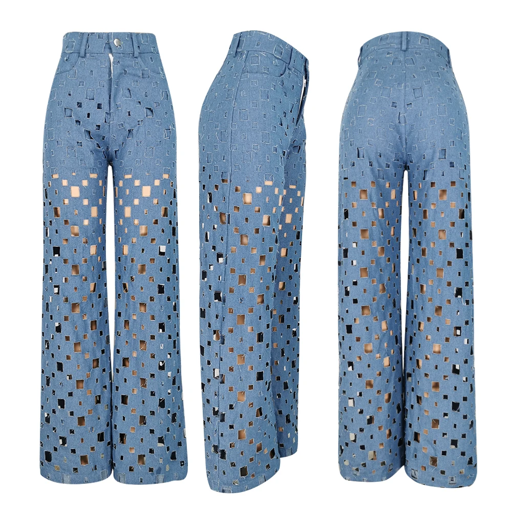 
New Look High Quality Light Blue Casual Loose Wide Legs Straight Ripped Jeans Women 