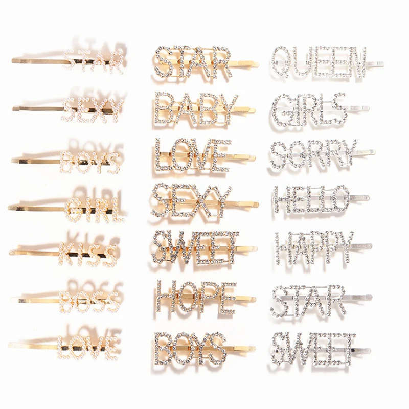 Bangs Accessories Words Bling Bobby Pins Rhinestone Crystal Letter Hair Clip