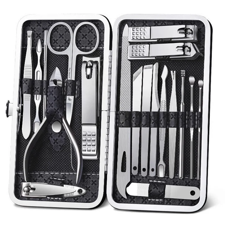 

19 Piece Black Stainless Steel Pedicure Manicure Set 19Pcs Custom Private Label Nail Clippers Set Nail Grooming Tool Kit, According to options