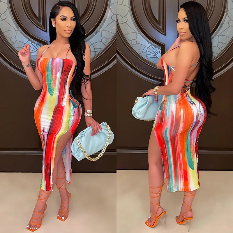 

L3199 - fit fashion sexy sleeveless slip tie dye printed backless slit women dress