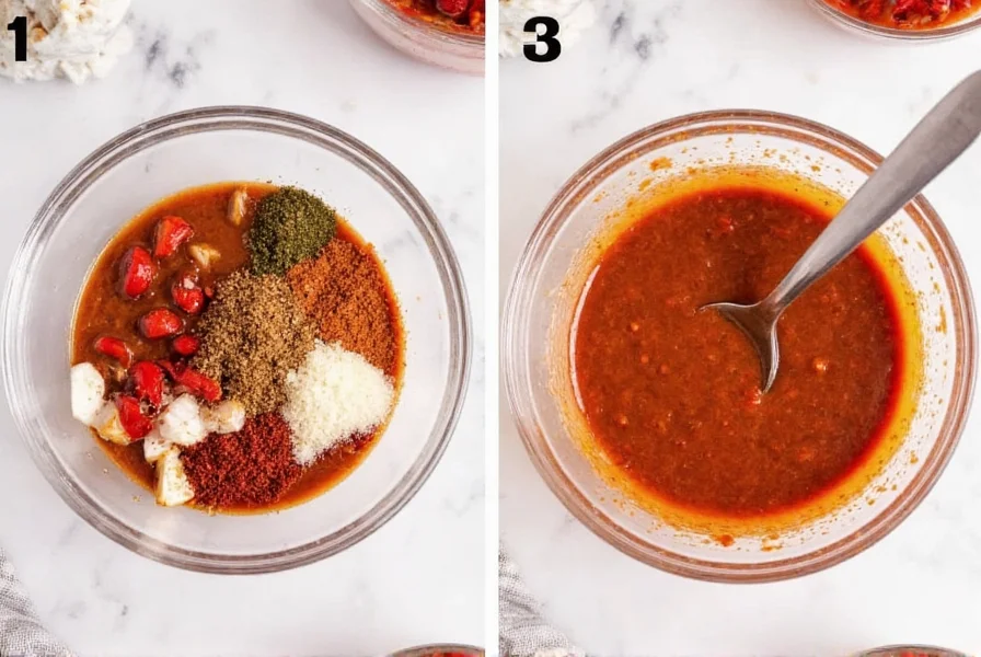 Step-by-step preparation of homemade chili paste substitute showing ingredients mixing in small bowl