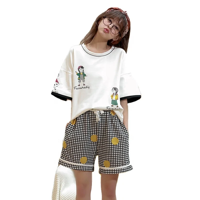 

New Soft Homesuit Homeclothes Plaid Printing Summer Short Sleeve Short Pants Crew Neck Pijamas for Woman Cartoon Printing