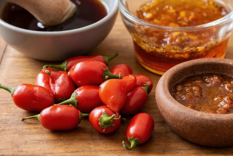 Close-up of various umami ingredients for chili including soy sauce, fish sauce, and miso paste arranged on wooden table