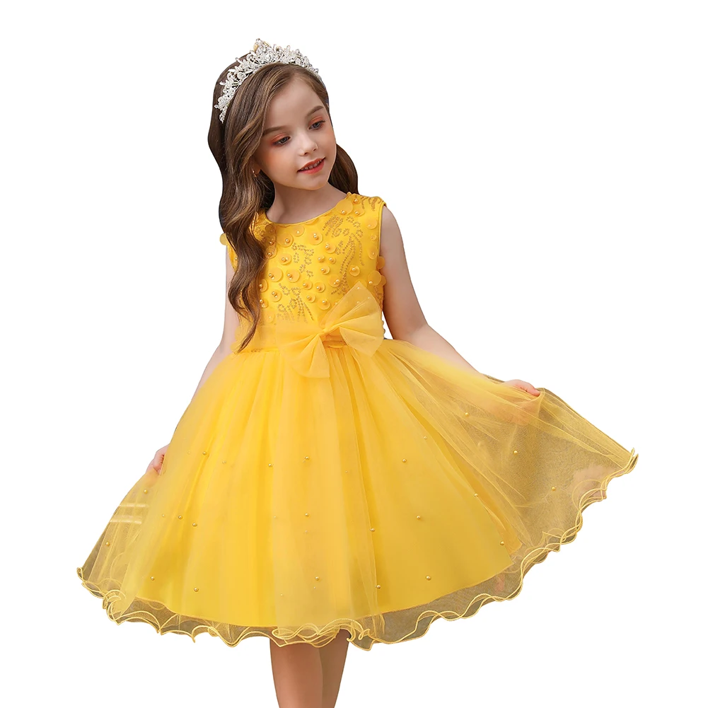

Exquisite crew neck beaded girl wedding dress for kids yellow temperament party dress for girl 2-10 year knee-length