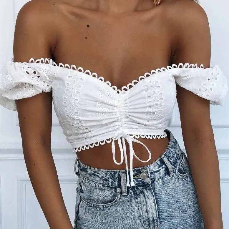 

2021 Summer New Women's Embroidered Hollow Slim Sexy Tie High Waist Top, Picture color