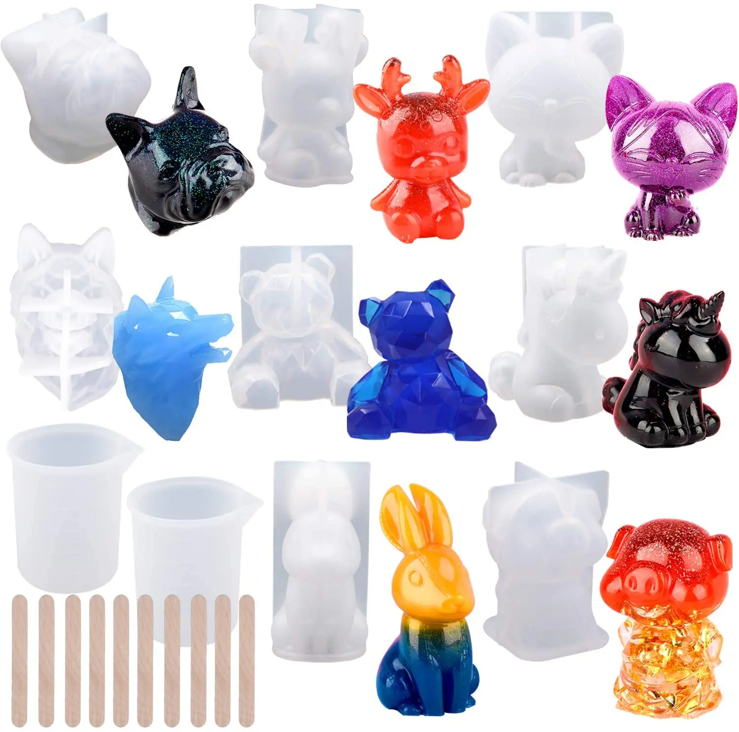 

The 20-piece 3D resin casting mold set includes 8 clear resin casting molds, 2 measuring cups, and 10 home decor wooden sticks