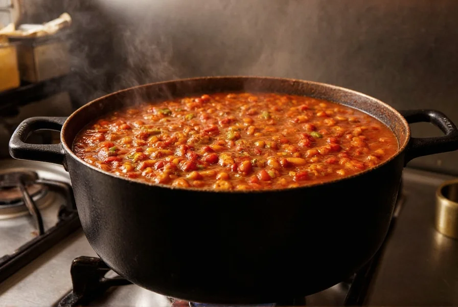 Large pot of chili simmering on stove similar to Chicago Fire station kitchen
