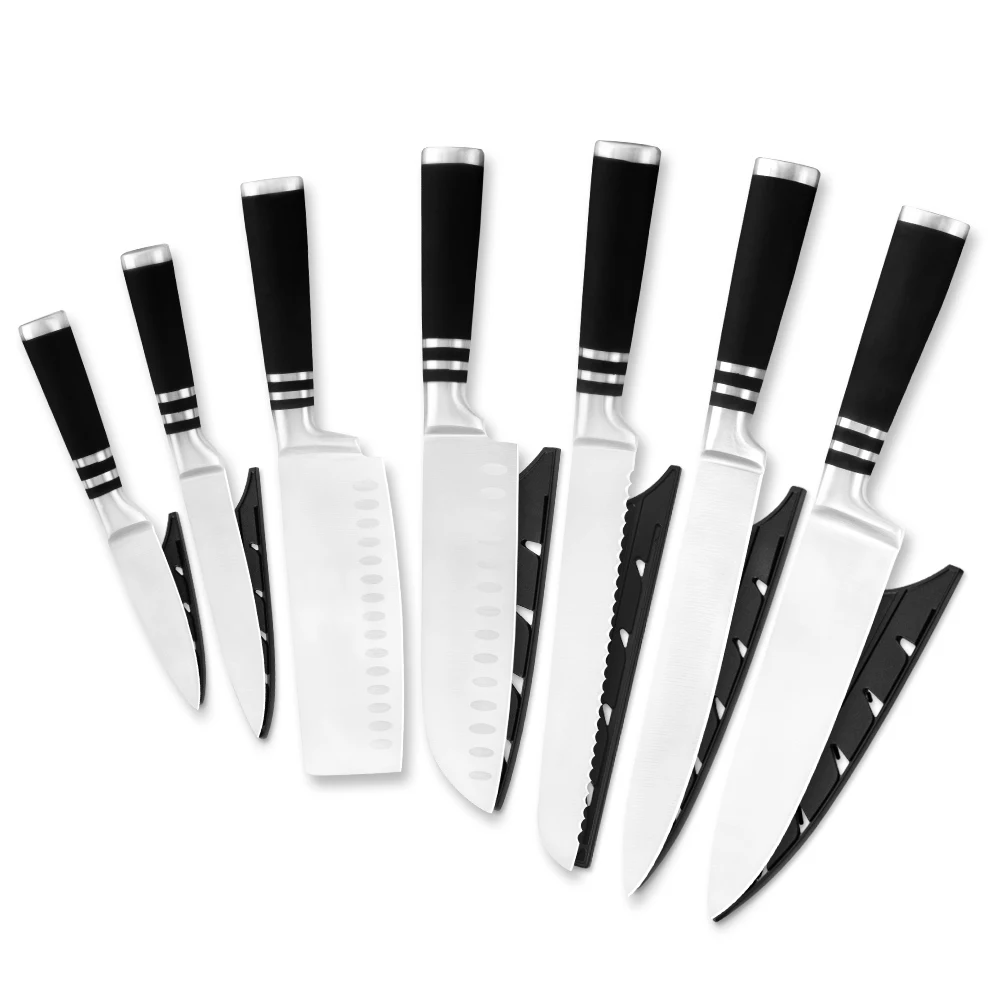 

Free Shipping black handle bread cleaver chef knife set 7pcs 3Cr14 stainless steel knife kitchen chef with sheath covers