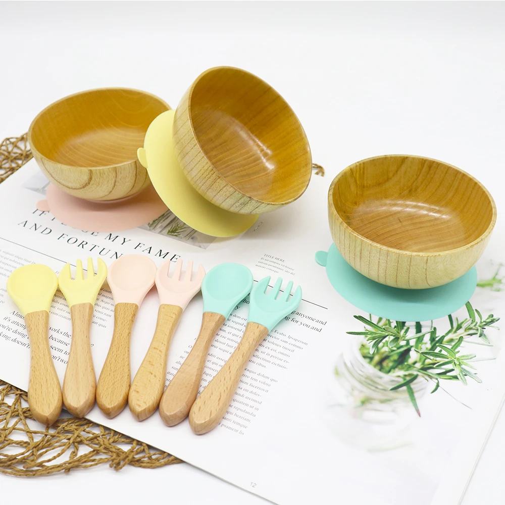 

Wholesale BPA Free Handmade Baby Bamboo Beech Carved Wood Bowl Food Set, 6colors