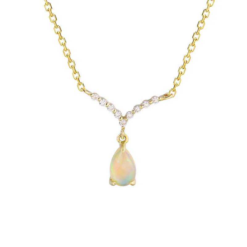 

New Arrival 9K Solid Gold Gemstone Series Water Droplets Opal V Shape Pendant With Custom 14K 18K Jewelry