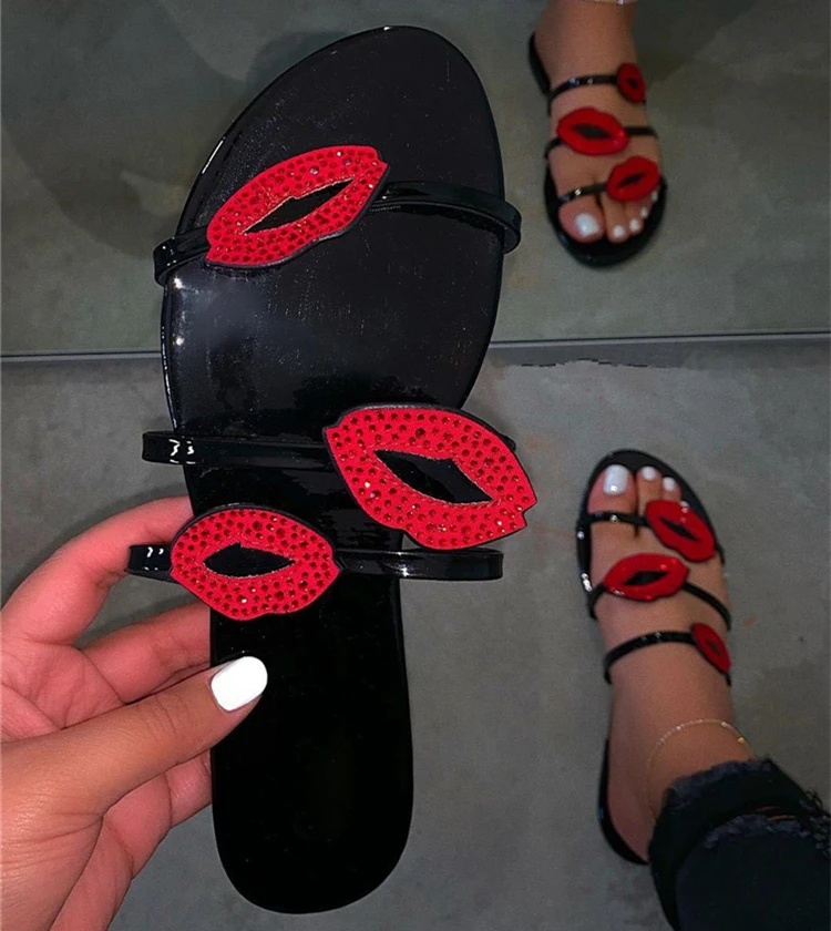 

Wholesale Slippers Women Sexy Lip Designer Flat Slides Shoes 2021 Trendy Summer Ladies Sandals, As pictures or customized color
