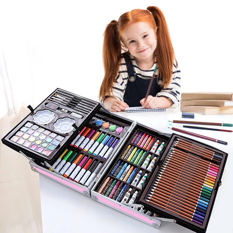 2023 Children'S Art Drawing Set 145pcs Kids Painting Brush Color Pens Durable Aluminum Box Kids Gift Children'S Painting Set