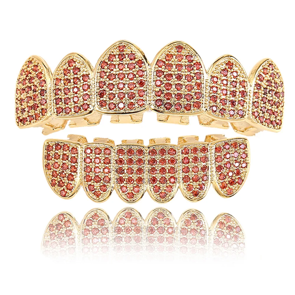 

Amazon Hot Sale Micro Pave Cubic Zirconia Top Bottom Vampire Fang Teeth Grills Iced Out Colorful Diamond Teeth Grillz