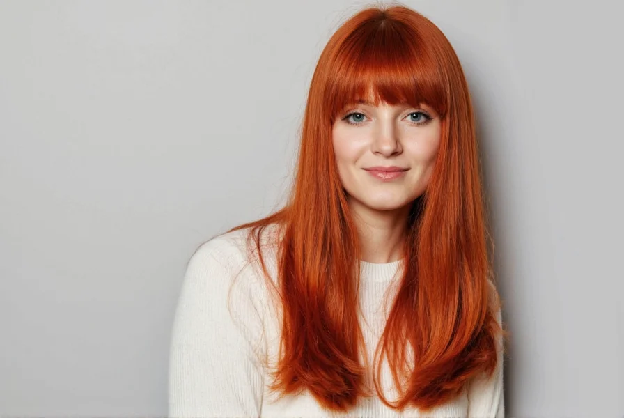 Comparison of different ginger hair shades with various fringe styles showing face shape compatibility