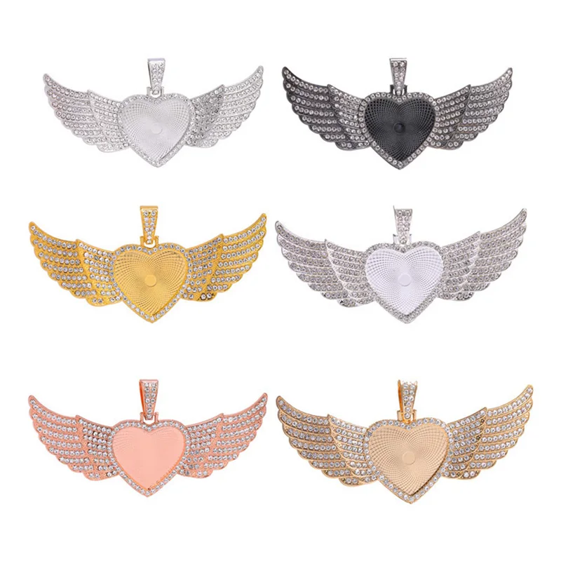 

Custom Jewellery Photo DIY 2022 New Heart Angel Wing Hip Hop Jewelry Pendant Necklace Sublimation Wing Necklace Blanks, Picture color