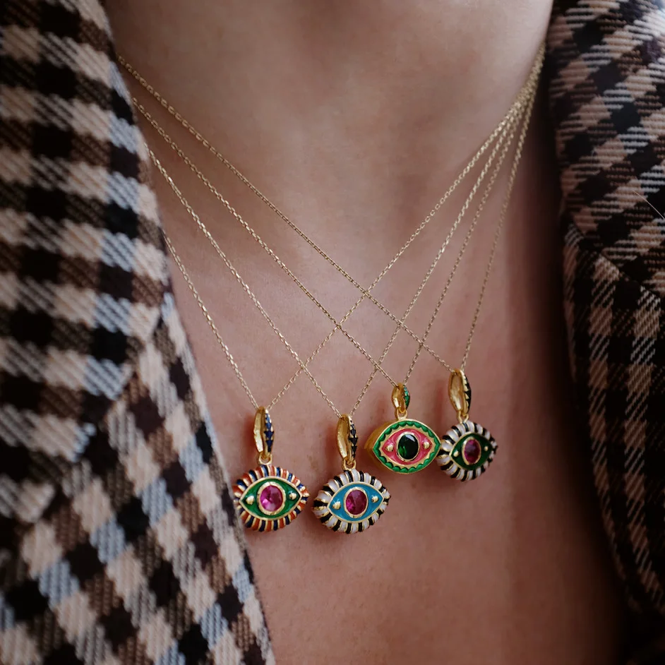 

Vintage Colorful 18K Gold Necklace Stainless Steel Chain Necklace Colorful Eye Pendant Enameled Necklace for Women