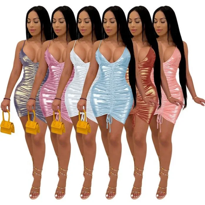 

Hot Sale 2021 V Neck Bodycon Drawstring Slip Dress Club Wear Package Hip Dresses Women