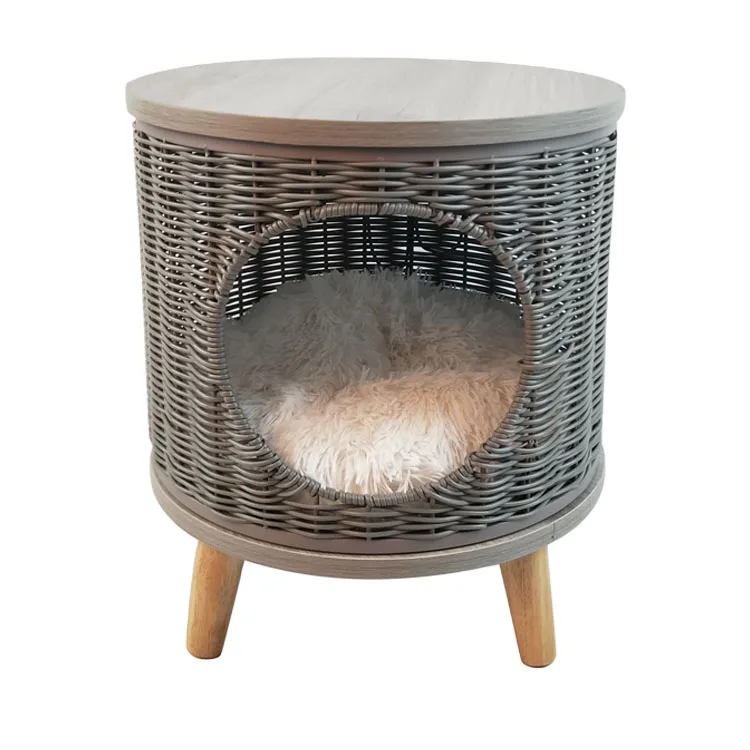 

Renel Modern Handmade Customization Woven Rattan Pet Cat House, Grey