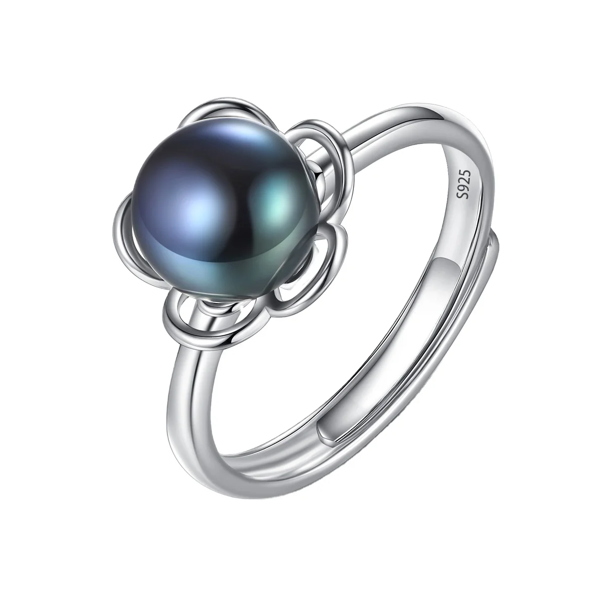 

Daidan Engagement Ring Women Black Pearl Flower 925 Sterling Silver Pearl Adjustable Rings