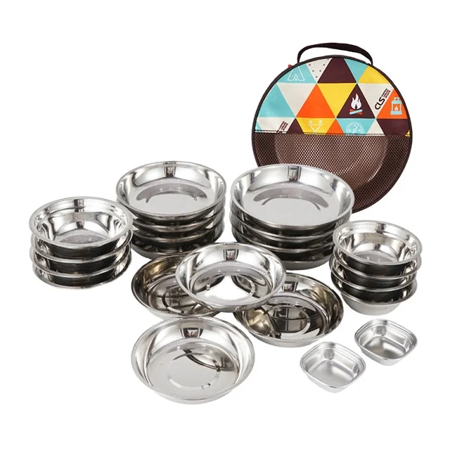 

Stainless Steel Camping Tableware Set Family Pack 22 pcs Bowls Plates & Dishes Picnic