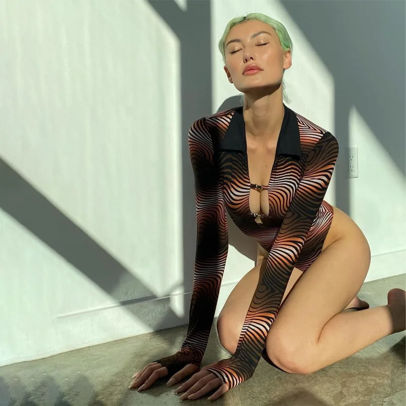 

Womens Fall Clothing 2021 Sexy V Neck Long Sleeve Bodysuit Casual Print Jumpsuit, Customized color