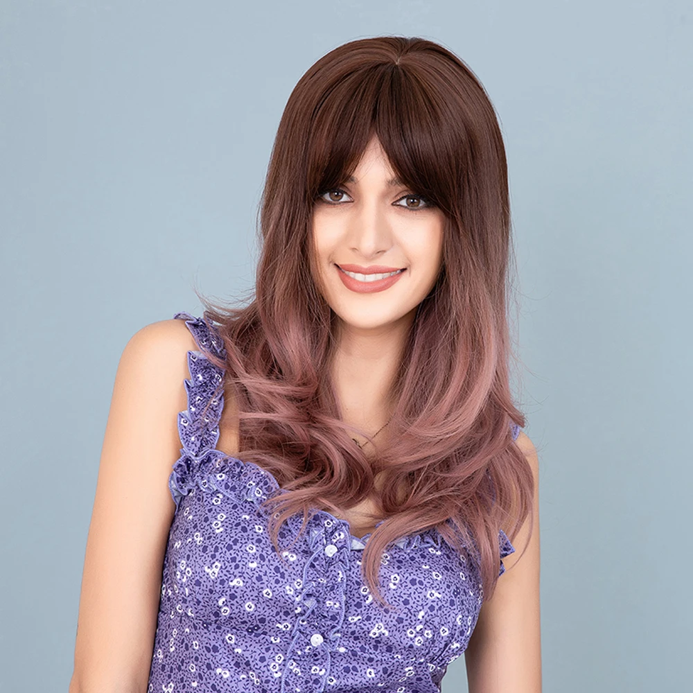 

22 inch Brown Gradient grey powder Natural volume air bangs Rose elastic net hat