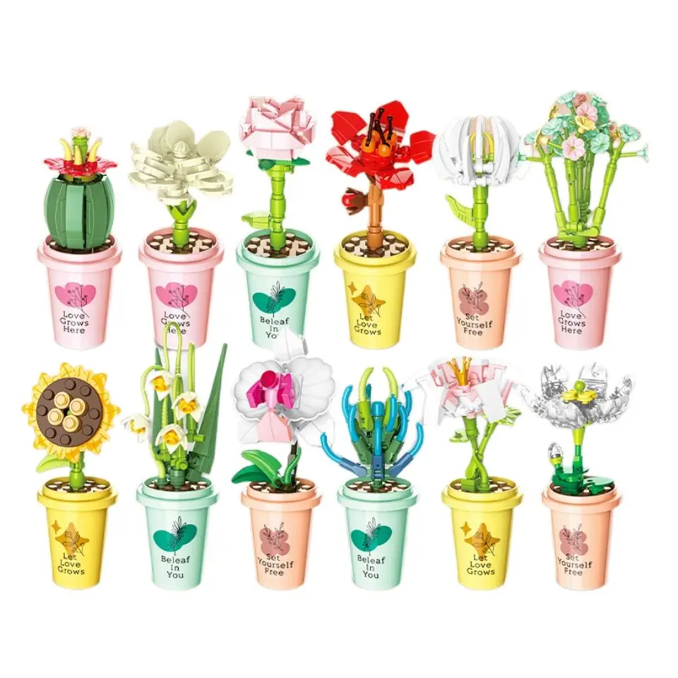 

Factory JAKI Diy Mini Flower Bouquet Brick Rose Lily Shiny Mountain Lotus Plant Potted Milk Tea Cup Flower Decoration For Gift