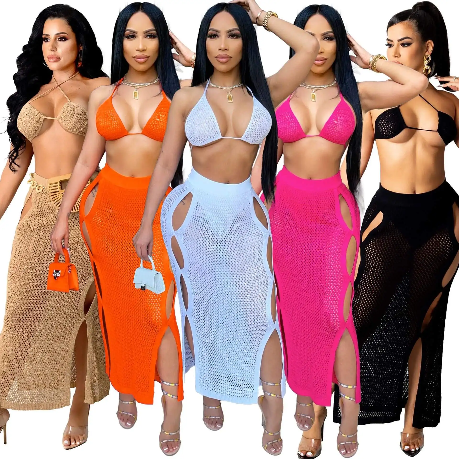 

Women Sexy Design Holiday Style Knitting Beach Women Sexy Mesh Crop Tops 2 Piece Long Skirt Sets Women Beach Wear Casual Dress, Black/white/camel/orange/rose