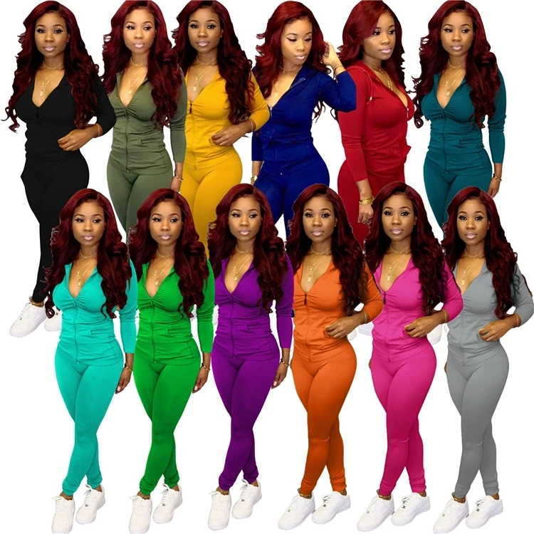 

MD-200821Casual Ladies 2 Pcs Sweatsuit Solid Hooded Bodycon Yoga Clothing Plus Size Two Piece Autumn Jogging Women Tracksuit Set, Custom color