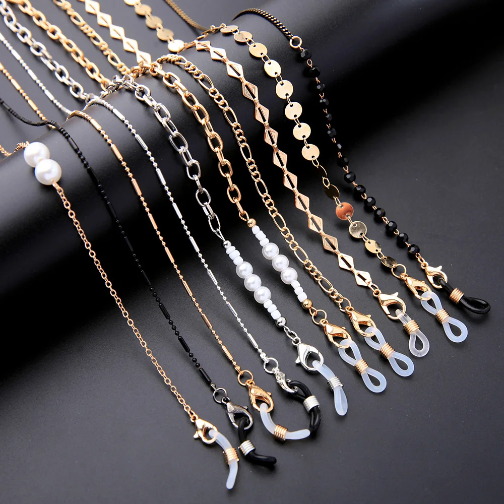 

2021 Fashion Gold Plated Silver Black Pearl Beaded Eye Glass Eyeglass Sunglasses Face Masking Chain For Masking Accessories