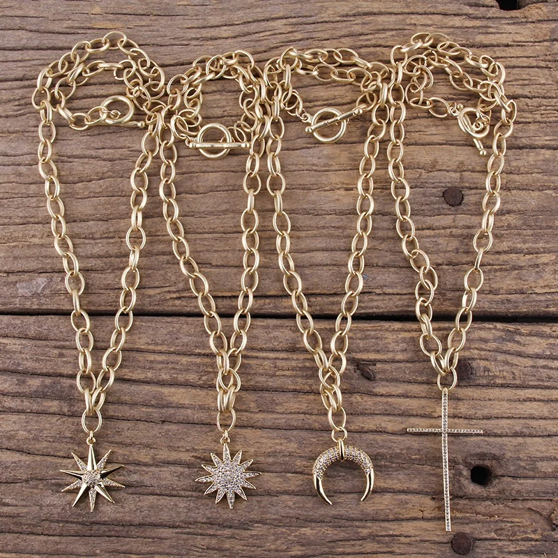 

Fashion Women Bohemian Jewelry Boho Matt gold Circle Links Chain Necklace Moon Star Cross Pendant Necklace