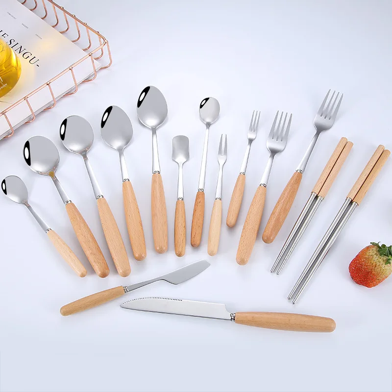 

Eco Friendly Wooden Handle Cutlery Set Stainless Steel Fork Knife Spoon Set Wooden Cutlery