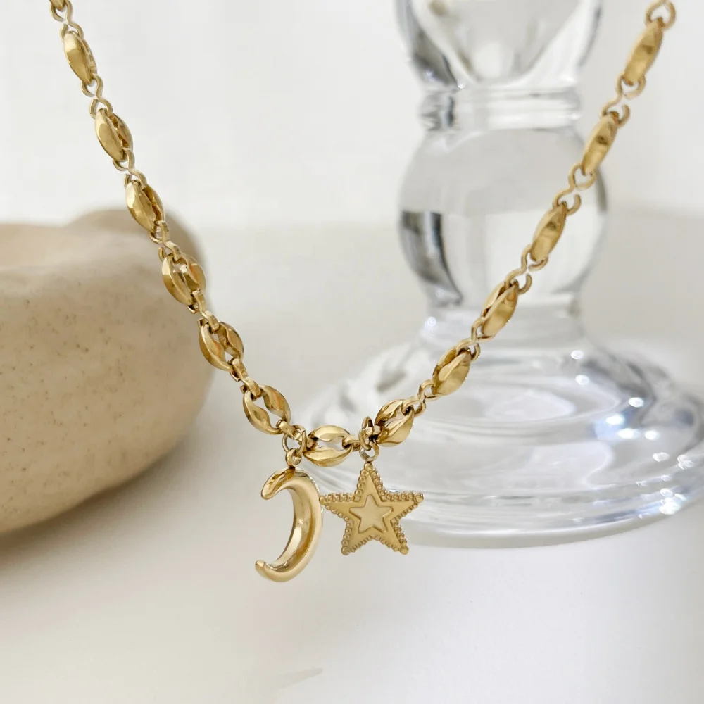 

N0707 Fashion Stainless Steel Gold Plated Delicate Moon Star Pendant Necklace Coffee Bean Chain Necklaces Women Jewelry