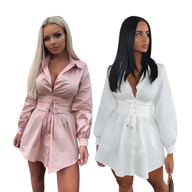 

Wholesale Autumn Vintage White Pink 2021 New Women Long Sleeve Lace Up Mini Sexy Corset Shirt Casual Dresses, 2 color