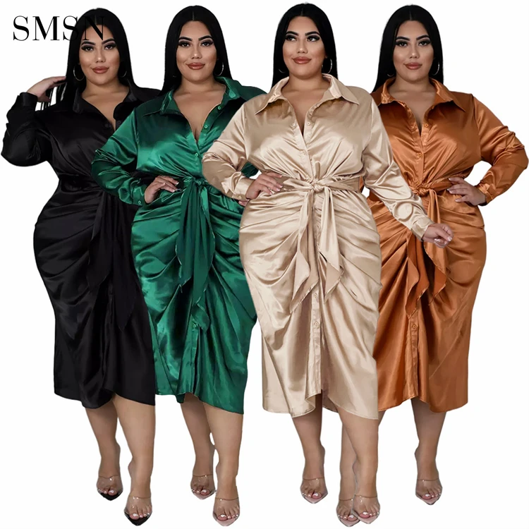 

New Style Pure Color Long Sleeve Multi Button Belted Plus Size Dresses Elegant Loungewear Woman Casual Dress Fashion Clothing